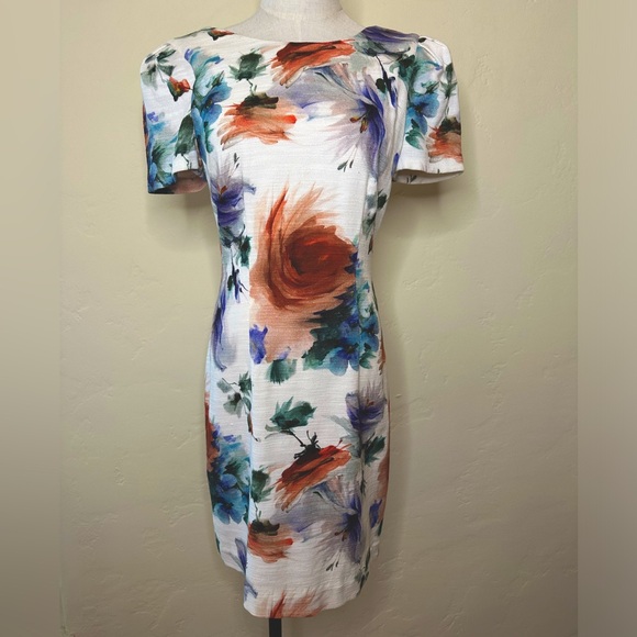 Beautiful floral short sleeve graphic print dress fully lined Size 4 - Picture 1 of 5